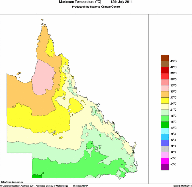 Daily maximum temperature for Queensland