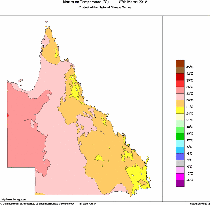 Daily maximum temperature for Queensland