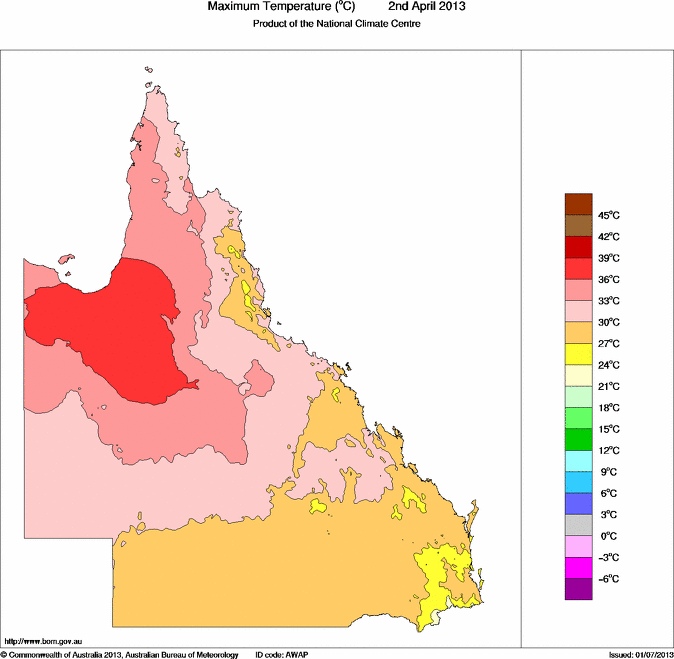 Daily maximum temperature for Queensland