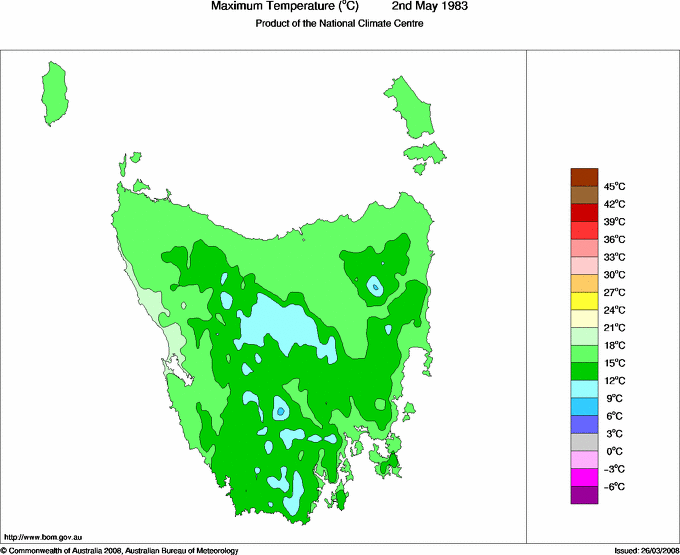 Daily maximum temperature for Tasmania