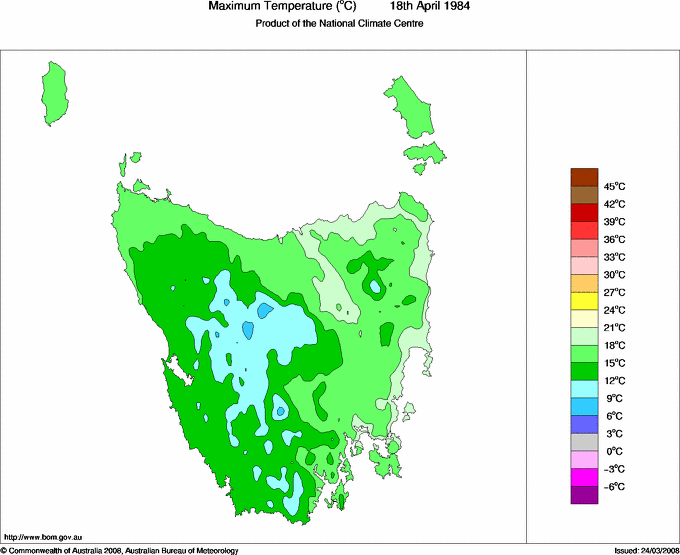 Daily maximum temperature for Tasmania