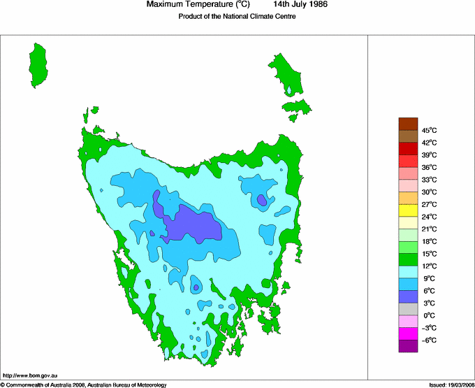 Daily maximum temperature for Tasmania