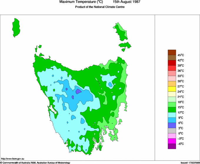 Daily maximum temperature for Tasmania