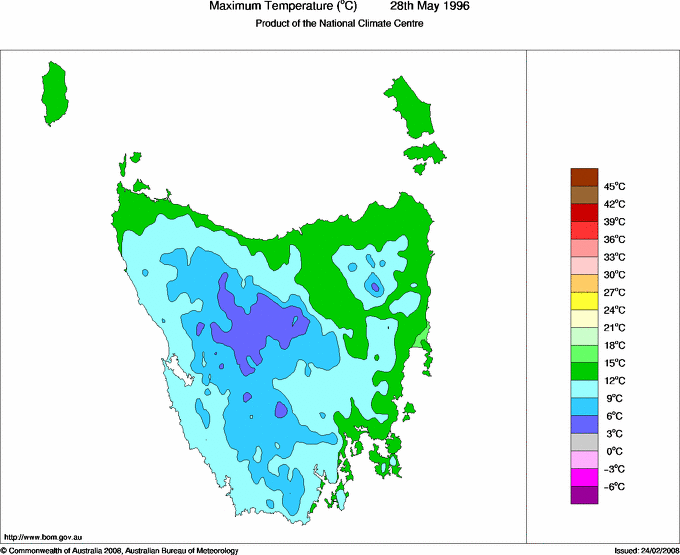 Daily maximum temperature for Tasmania