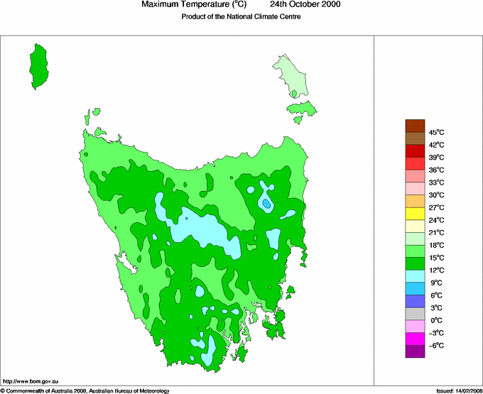 Daily maximum temperature for Tasmania