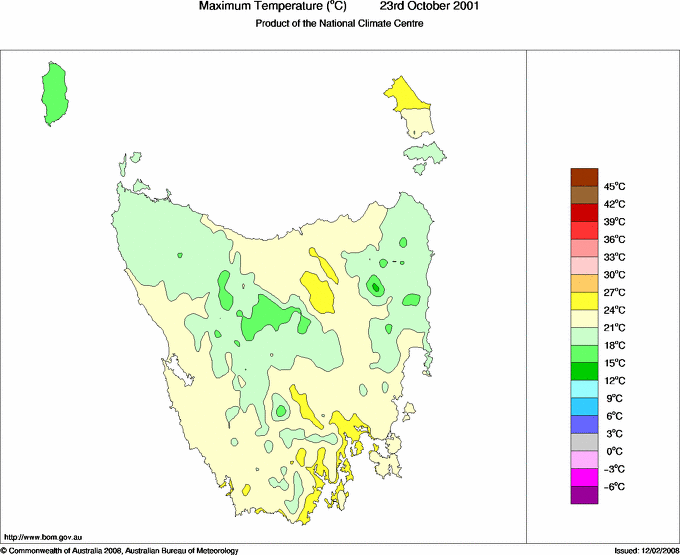Daily maximum temperature for Tasmania
