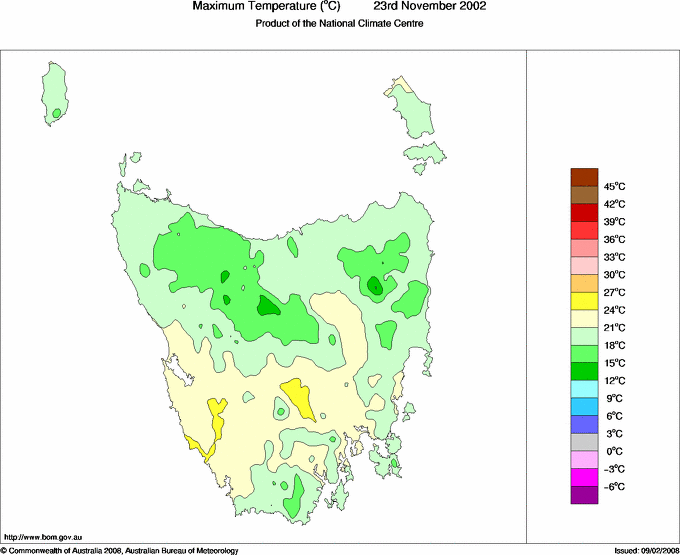 Daily maximum temperature for Tasmania