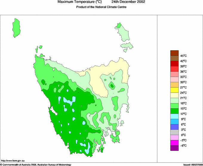 Daily maximum temperature for Tasmania