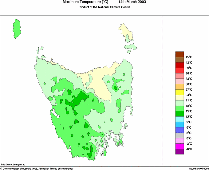 Daily maximum temperature for Tasmania