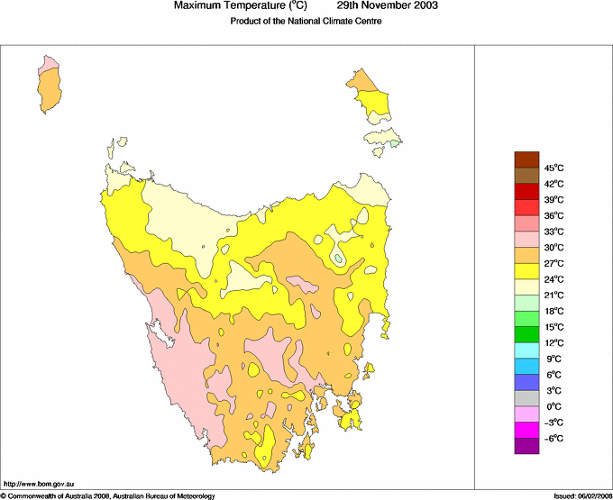 Daily maximum temperature for Tasmania