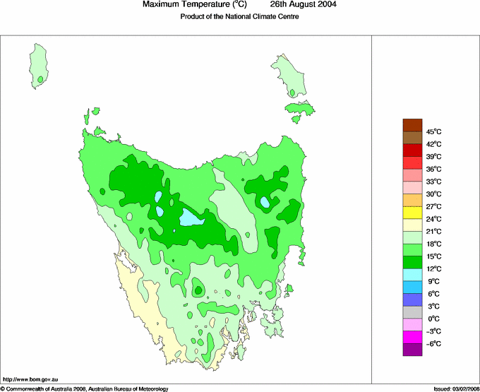 Daily maximum temperature for Tasmania