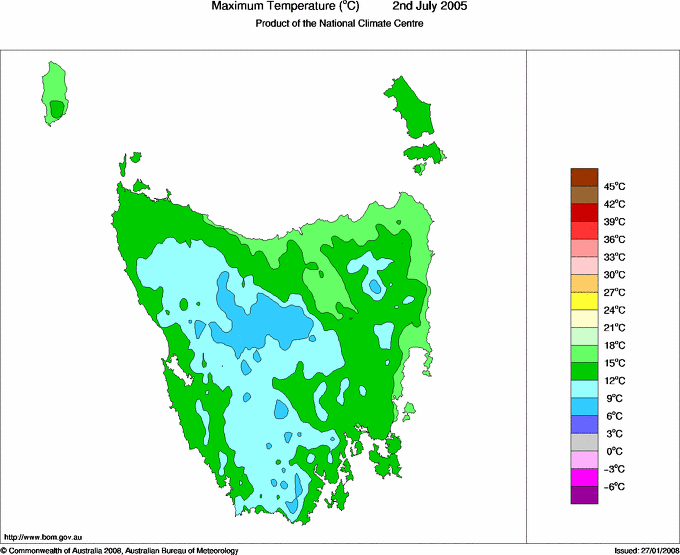 Daily maximum temperature for Tasmania
