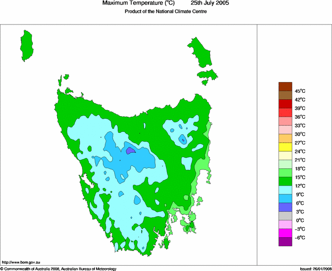 Daily maximum temperature for Tasmania