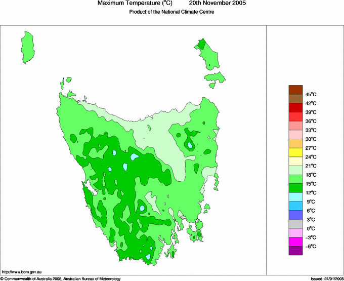 Daily maximum temperature for Tasmania