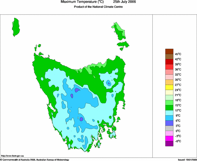 Daily maximum temperature for Tasmania