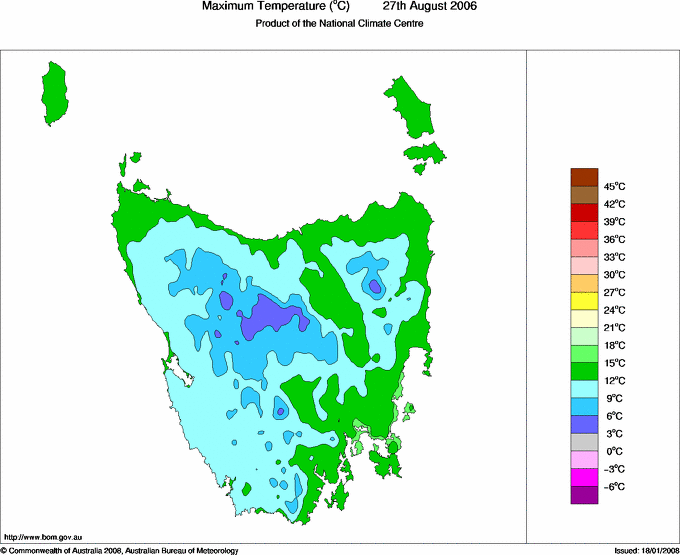 Daily maximum temperature for Tasmania