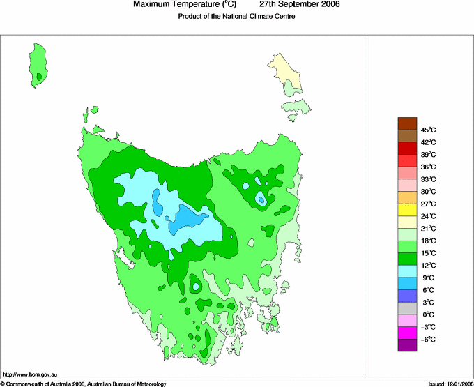 Daily maximum temperature for Tasmania