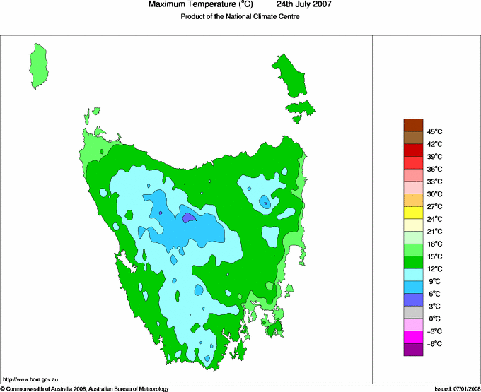 Daily maximum temperature for Tasmania