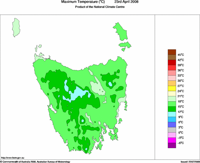 Daily maximum temperature for Tasmania