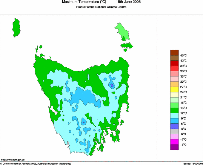 Daily maximum temperature for Tasmania