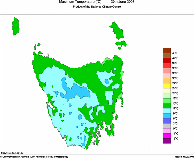 Daily maximum temperature for Tasmania