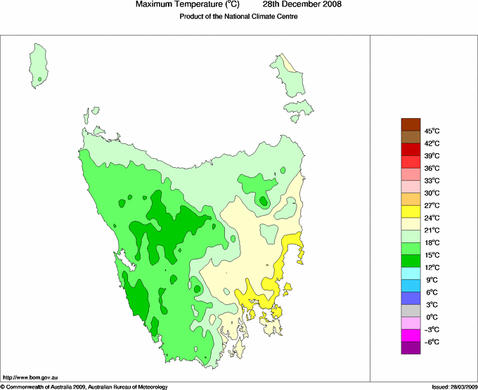 Daily maximum temperature for Tasmania