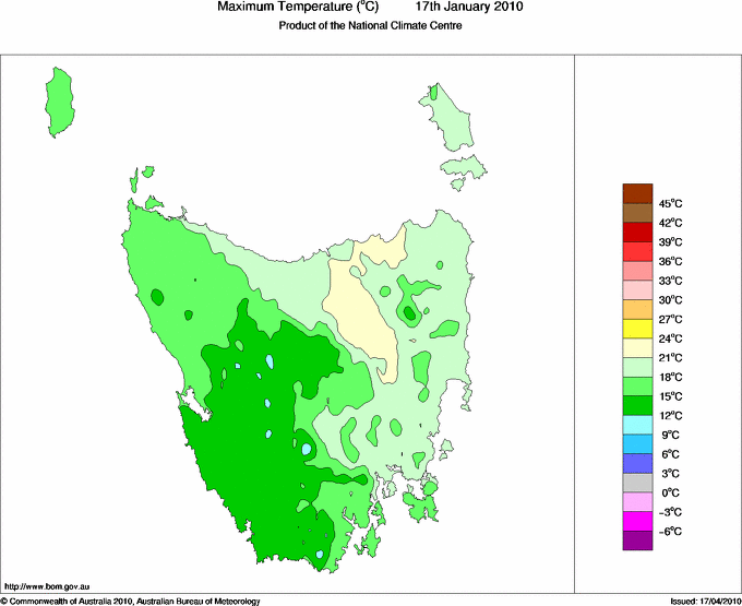 Daily maximum temperature for Tasmania