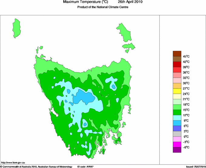 Daily maximum temperature for Tasmania
