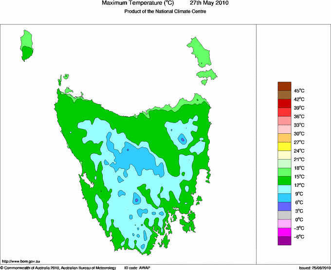 Daily maximum temperature for Tasmania