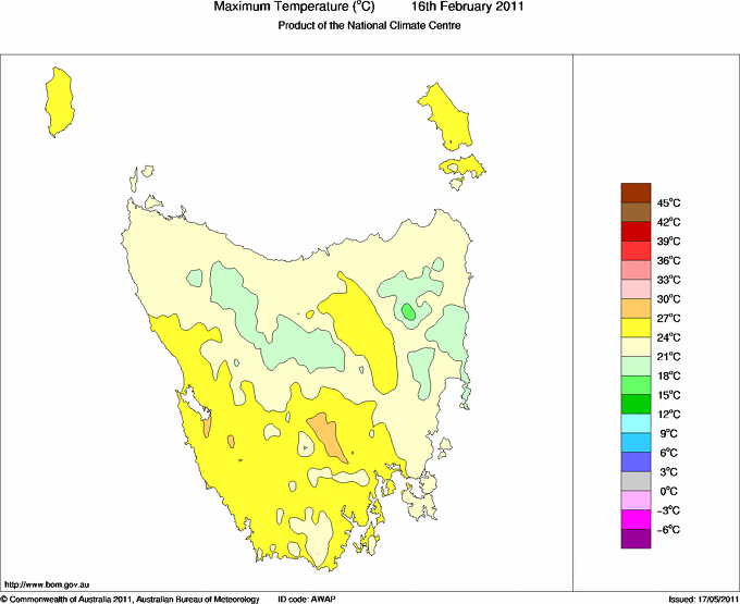 Daily maximum temperature for Tasmania
