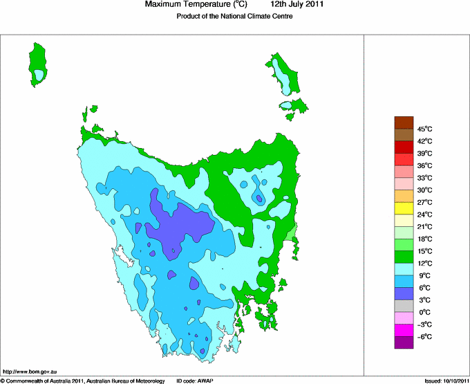 Daily maximum temperature for Tasmania