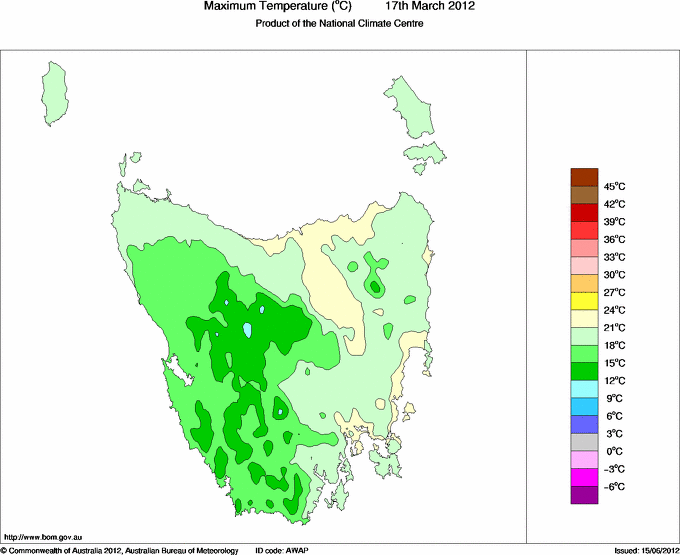 Daily maximum temperature for Tasmania