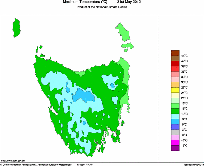 Daily maximum temperature for Tasmania