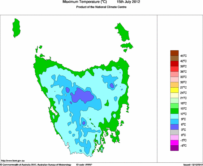 Daily maximum temperature for Tasmania