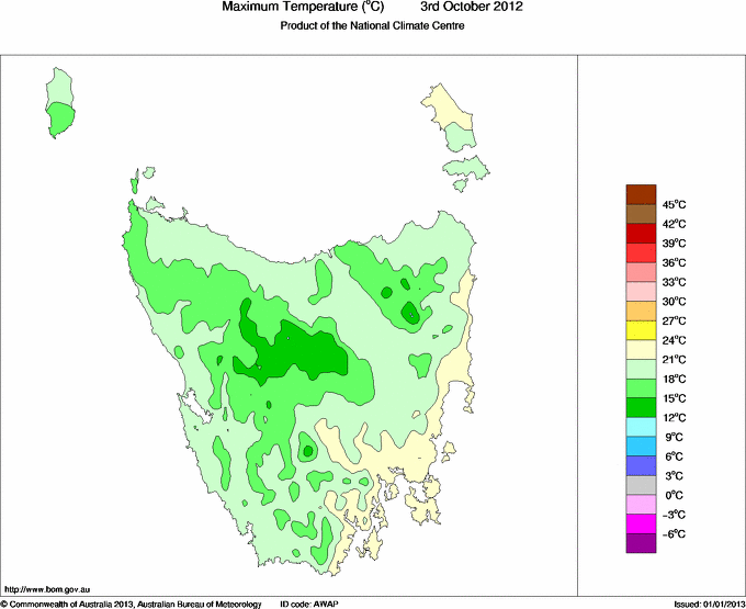 Daily maximum temperature for Tasmania