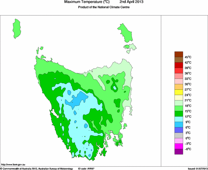 Daily maximum temperature for Tasmania