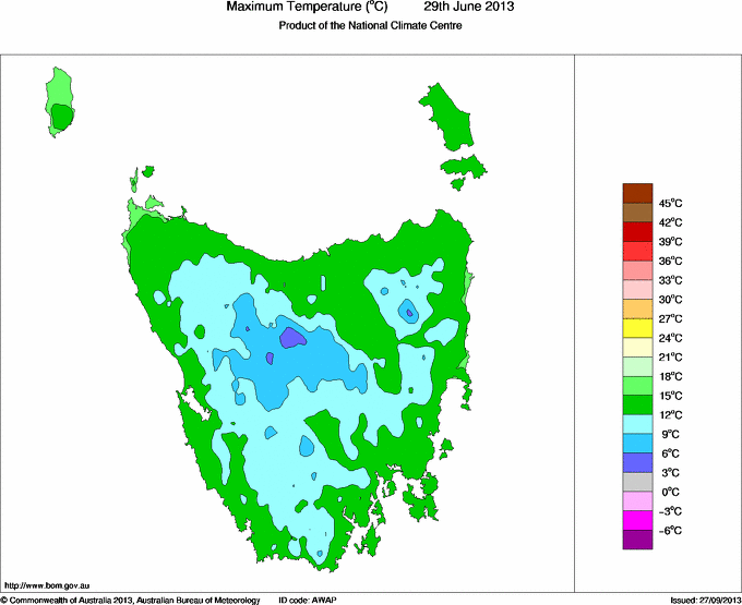 Daily maximum temperature for Tasmania