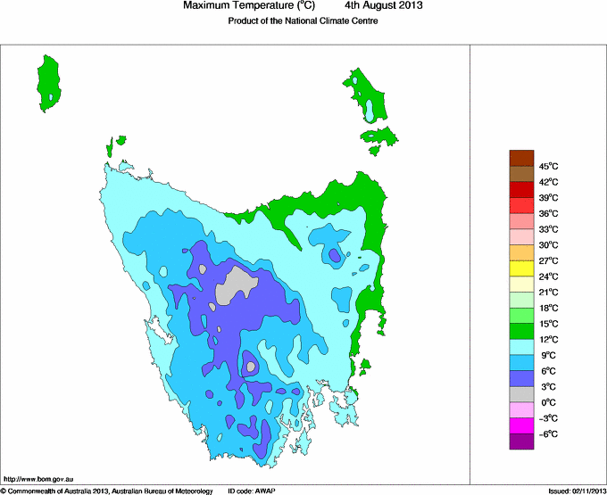 Daily maximum temperature for Tasmania