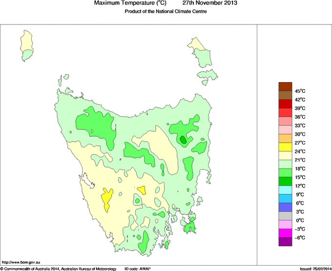 Daily maximum temperature for Tasmania