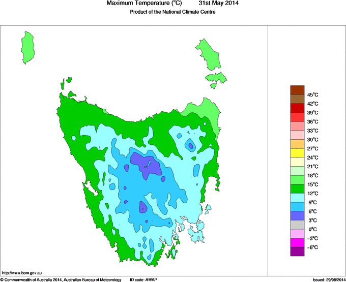Daily maximum temperature for Tasmania