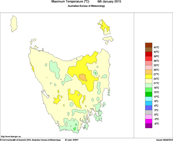 Daily maximum temperature for Tasmania