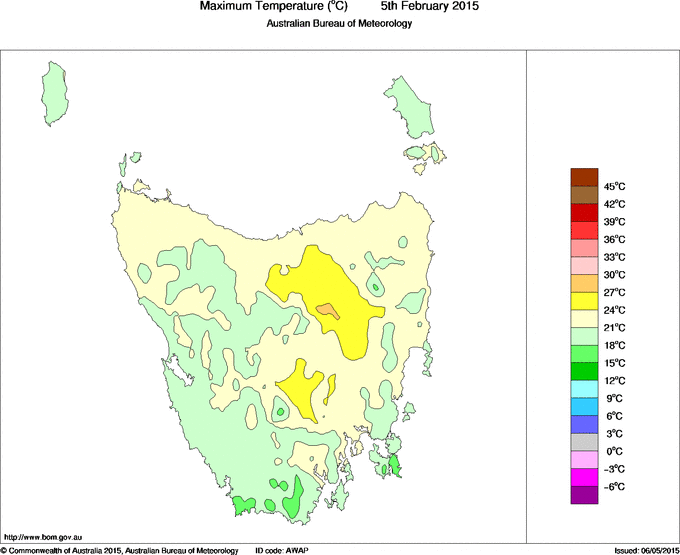 Daily maximum temperature for Tasmania