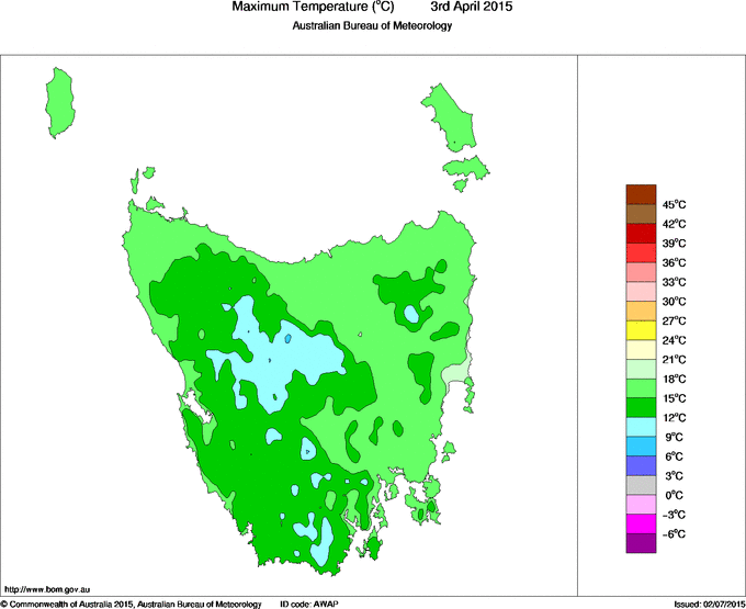 Daily maximum temperature for Tasmania