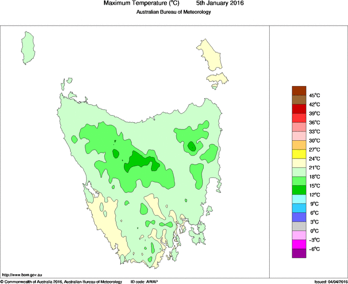 Daily maximum temperature for Tasmania