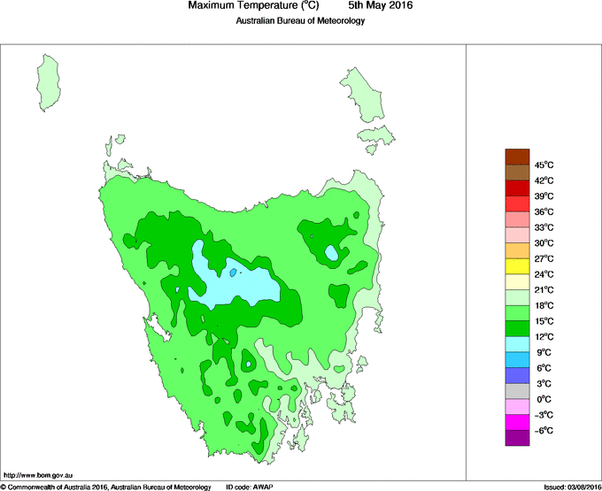 Daily maximum temperature for Tasmania