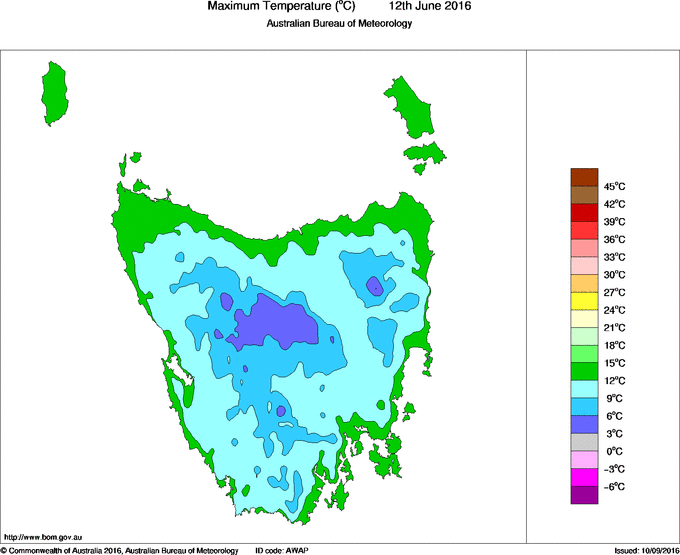 Daily maximum temperature for Tasmania