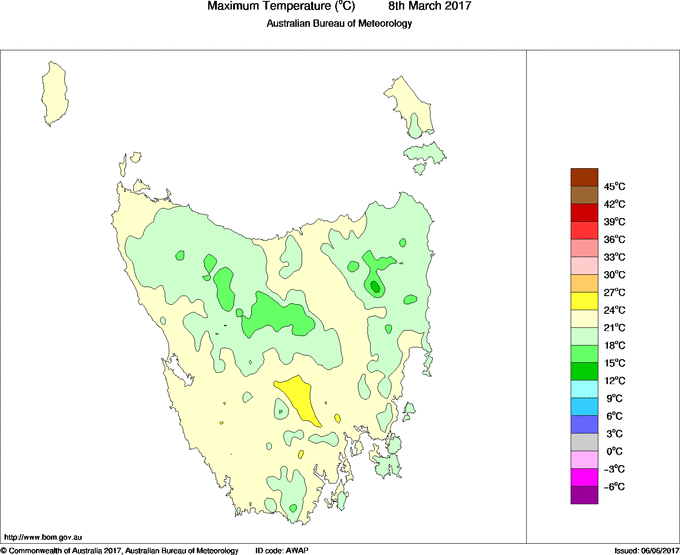 Daily maximum temperature for Tasmania