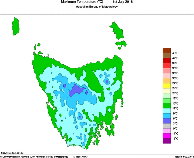 Daily maximum temperature for Tasmania