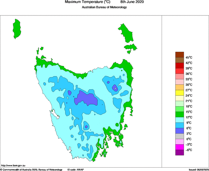 Daily maximum temperature for Tasmania