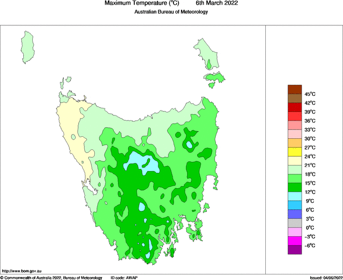 Daily maximum temperature for Tasmania